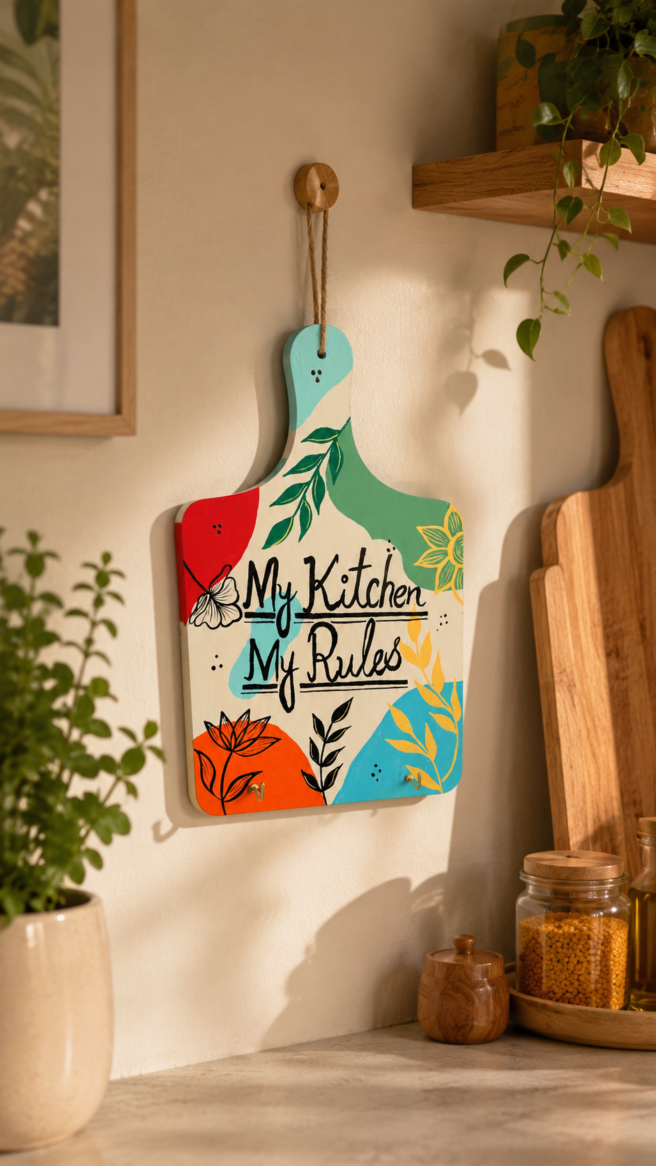 Hand-Painted “My Kitchen, My Rules” Wall Hanging with Hooks