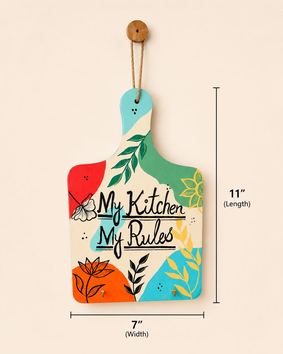 Hand-Painted “My Kitchen, My Rules” Wall Hanging with Hooks