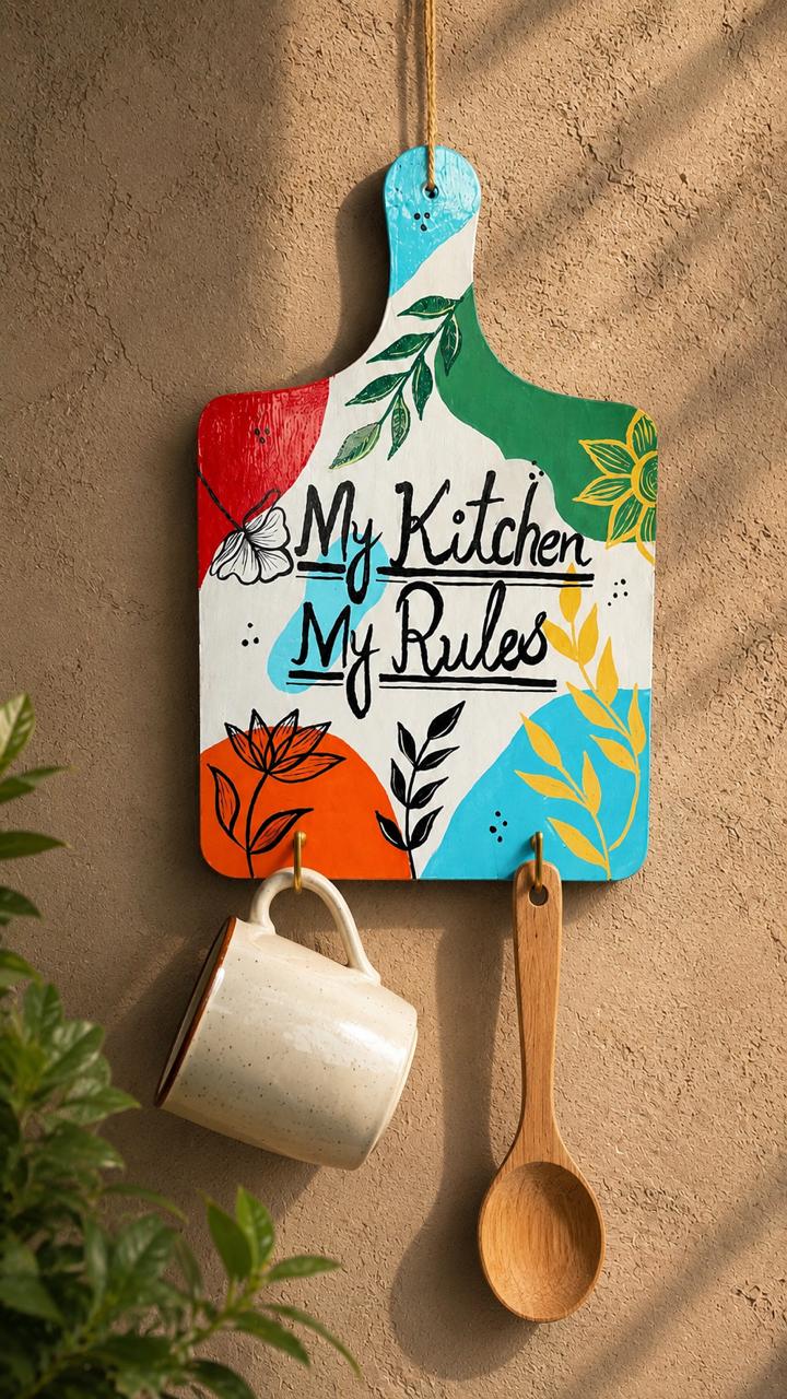 Hand-Painted “My Kitchen, My Rules” Wall Hanging with Hooks