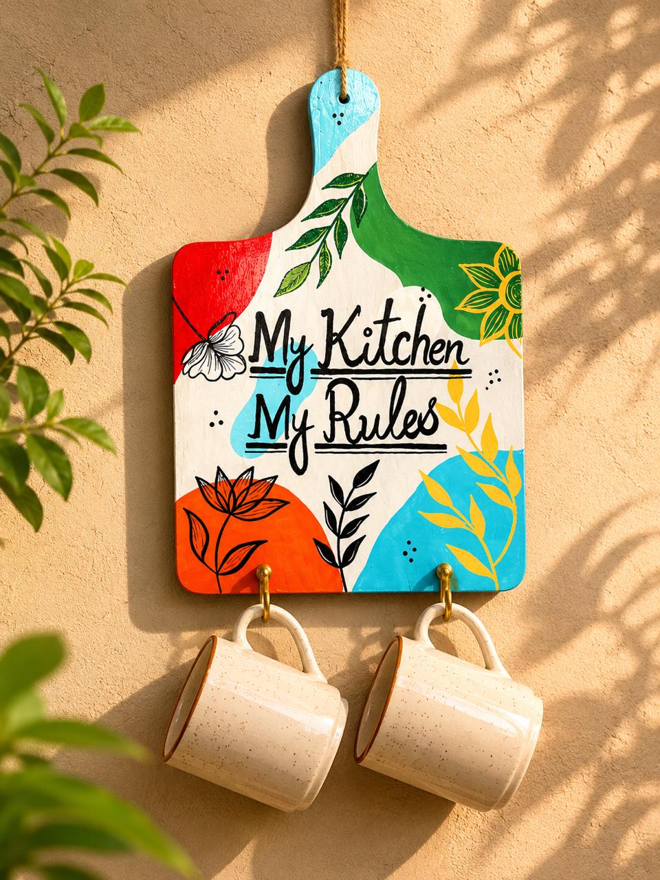 Hand-Painted “My Kitchen, My Rules” Wall Hanging with Hooks