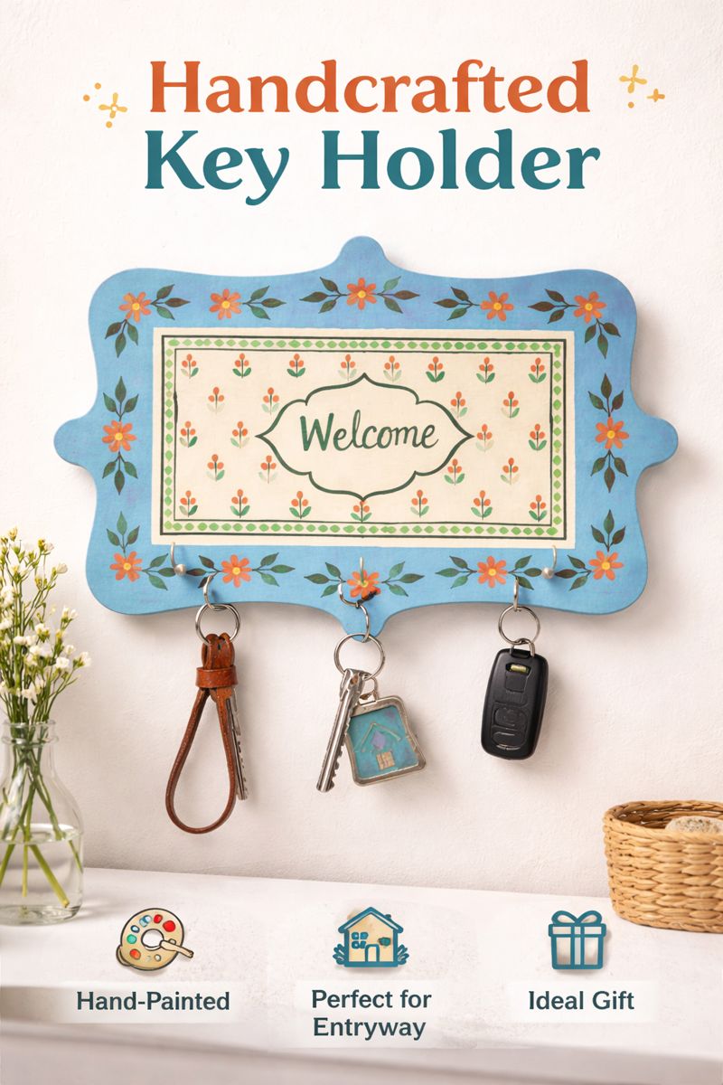 Hand-Painted Wooden Welcome Key Holder